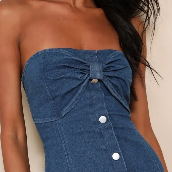 Lulus Utter Perfection Dark Wash Denim Strapless Bow Midi Dress - Picture 3 of 7